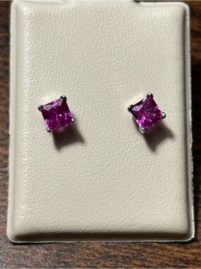 Pink Square Crystal Stud Earrings - Sterling Silver 925